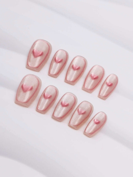 BlushHeartbeat| Cat-eyes Pink nails|Press on nails|Heyxnails