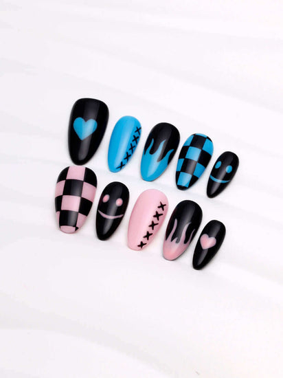 press on nails, acrylic nails, luxury nails,checkered nails,pink nails