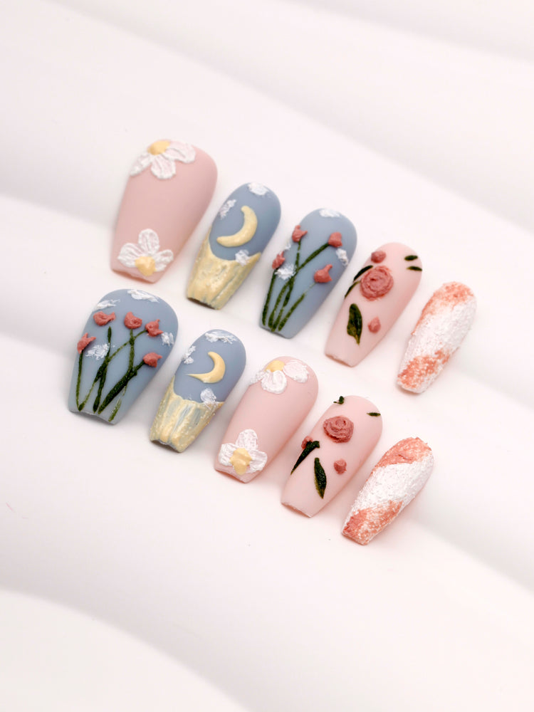 PastelDreams| Medium Coffin flora| Press on acrylic nails